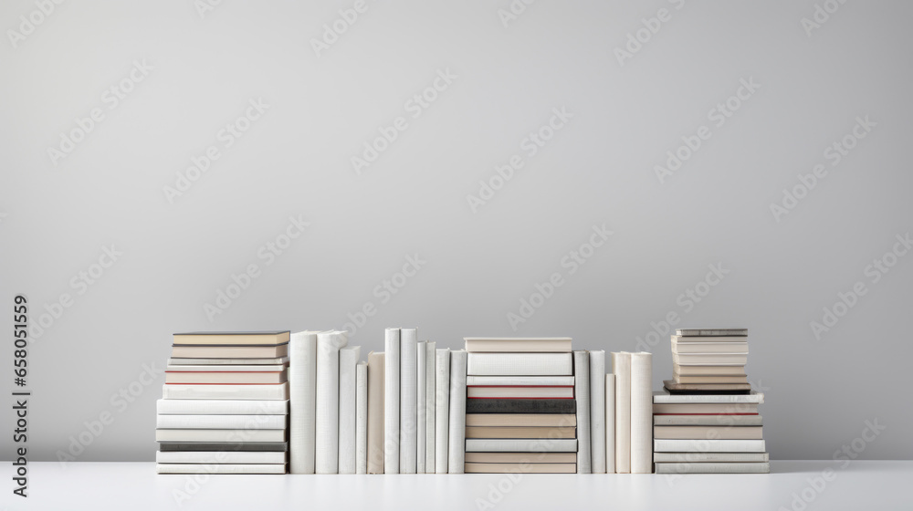 A stack of books on a white wall. This image shows a pile of books of different sizes and colors stacked in a random manner on a white background. The books are mostly white or light-colored, creating - obrazy, fototapety, plakaty 