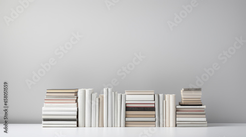 A stack of books on a white wall. This image shows a pile of books of different sizes and colors stacked in a random manner on a white background. The books are mostly white or light-colored, creating