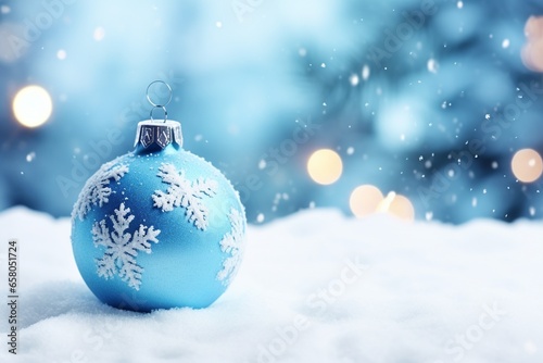 Beautiful Blue Christmas Ball Decoration in Snow on Blue Background