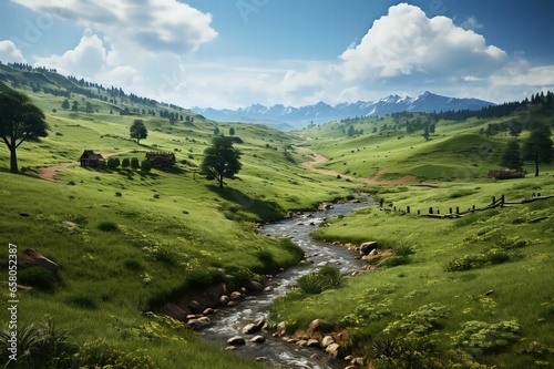 Rivière ou fleuve qui passe au milieu de la campagne, dans la nature avec de la verdure, et des montagnes à l'horizon, plaine dans un champs à perte de vue photo