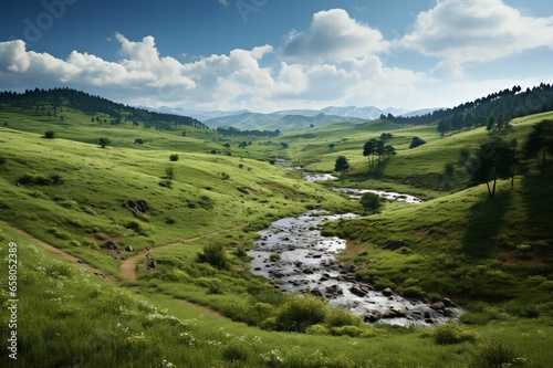 Rivière ou fleuve qui passe au milieu de la campagne, dans la nature avec de la verdure, et des montagnes à l'horizon, plaine dans un champs à perte de vue photo
