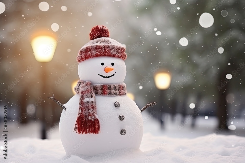 Smiling snowman on snowy bokeh background. Christmas card
