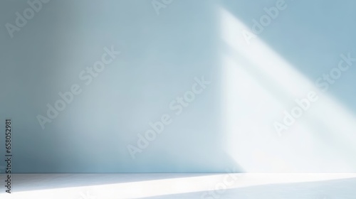 Minimal abstract light blue background for product presentation. Shadow and light from windows on plaster wall  Generative AI