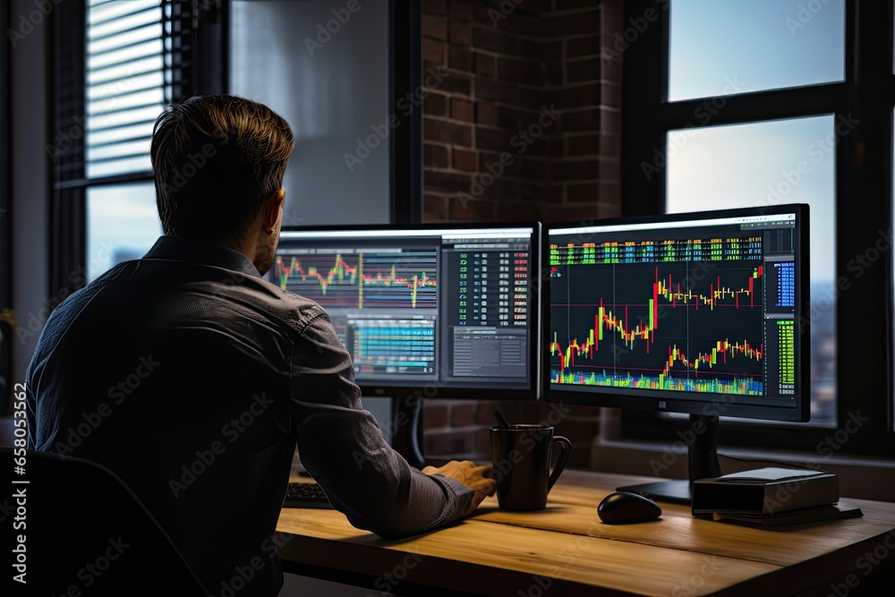 Back view of young businessman sitting at desk in office and looking at computer screen with stock market chart Back view of young businessman sitting at desk in office and looking at computer screen with stock market chart