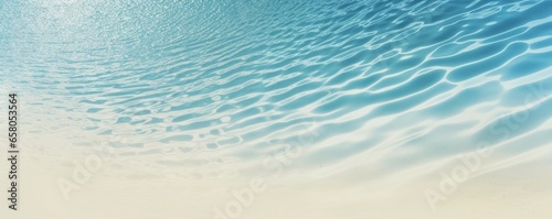 abstract sand beach from above with light blue transparent water wave and sun lights, summer vacation background concept banner with copy space, natural beauty spa, Generative AI