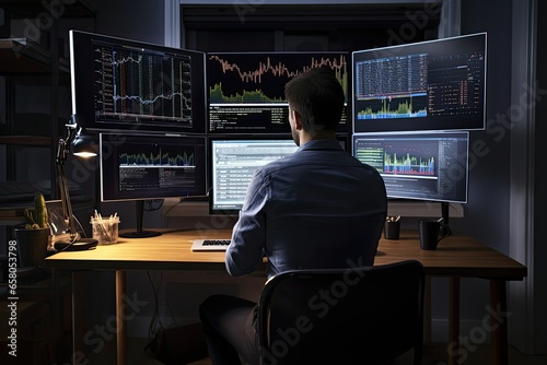 Back view of young businessman sitting at desk in office and looking at computer screen with stock market chart