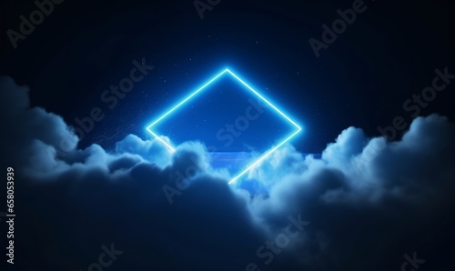 3d rendering, abstract futuristic background with neon geometric shape and stormy cloud on night sky. Rhombus frame with copy space, Generative AI