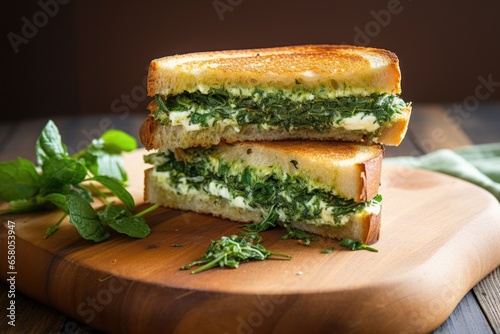 grilled spinach and feta sandwich pressured by a brick photo