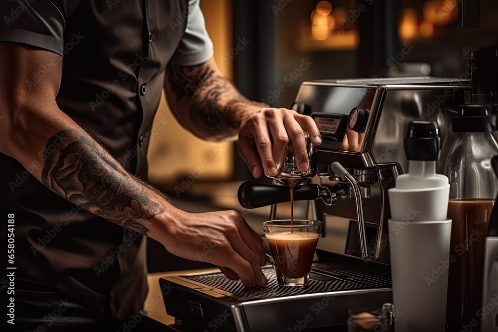Barista preparing coffee in coffee machine. Barista making coffee in coffee shop Barista preparing coffee in coffee machine. Barista making coffee in coffee shop