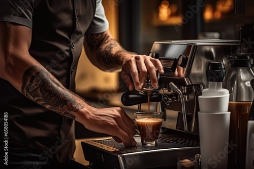 Barista preparing coffee in coffee machine. Barista making coffee in coffee shop