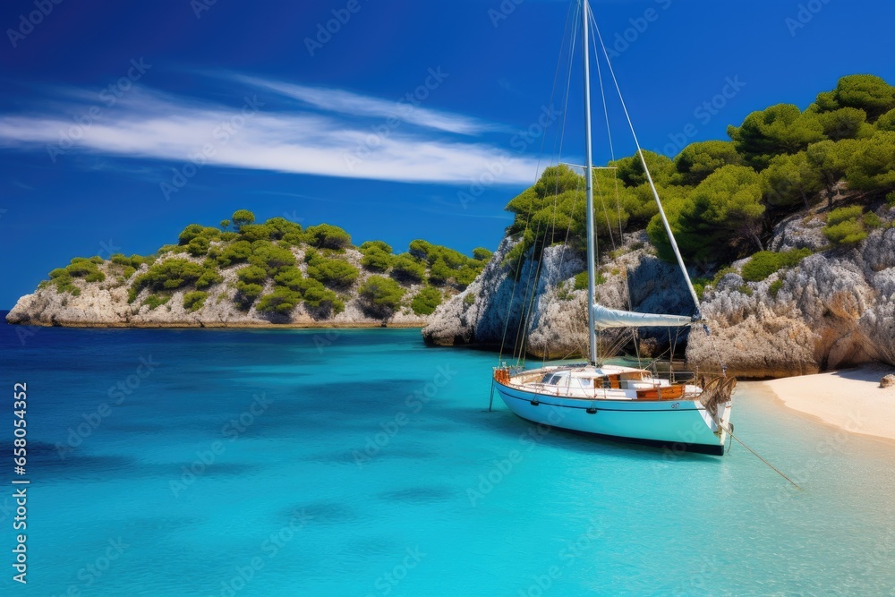 Sailing boat on the turquoise sea in Mallorca, Spain, Beautiful beach with sailing boat yacht, Cala Macarelleta, Menorca island, Spain, AI Generated - obrazy, fototapety, plakaty 
