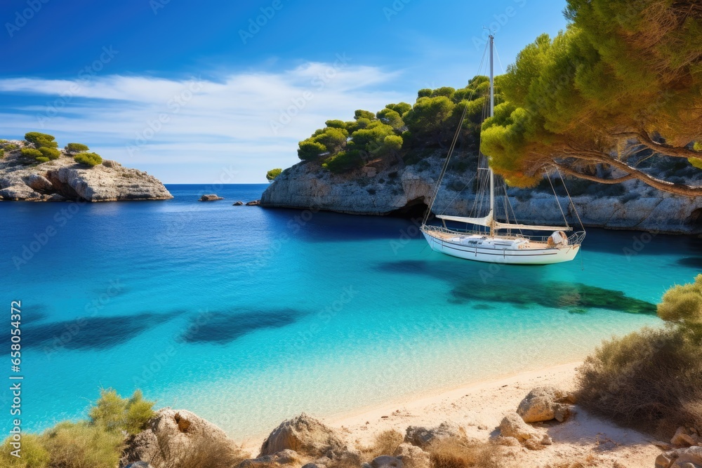 Sailing boat on turquoise water of Calanques bay, Corsica island, France, Beautiful beach with sailing boat yacht, Cala Macarelleta, Menorca island, Spain, AI Generated - obrazy, fototapety, plakaty 