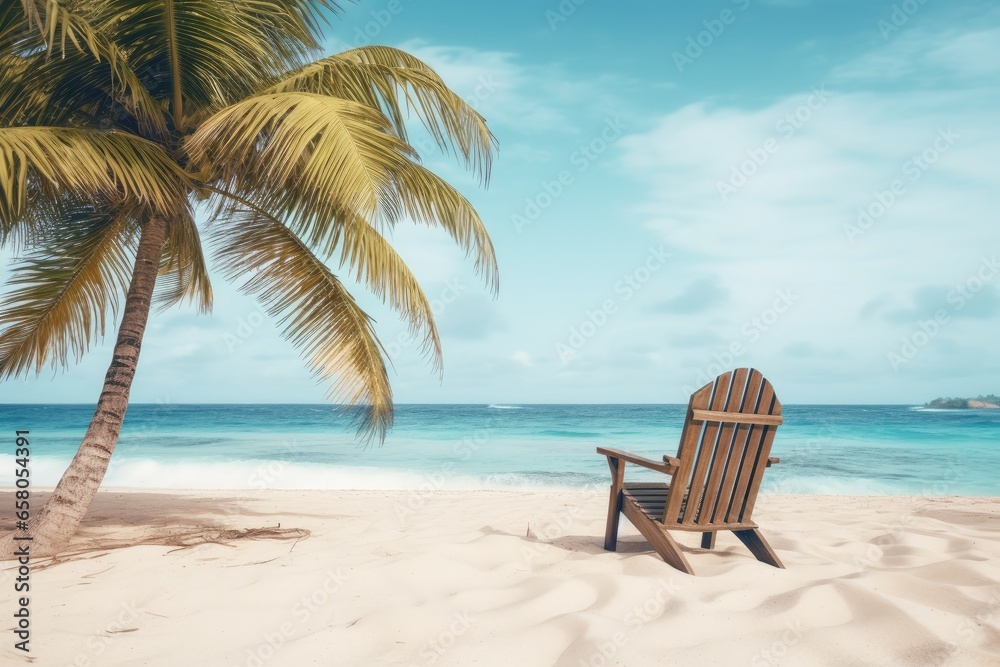 Beach chair on tropical sand beach with palm tree. 3D Rendering, Chairs on the sandy beach near the sea. Summer holiday and vacation concept tourism. Inspirational tropical landscape, AI Generated