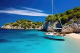 Sailing boat on the turquoise sea in Mallorca, Spain, Beautiful beach with sailing boat yacht, Cala Macarelleta, Menorca island, Spain, AI Generated