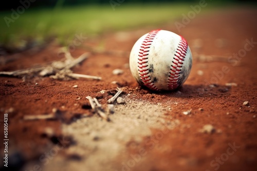 Baseball and ball on the field. Close up. Selective focus. Baseball on the Infield Chalk Line, AI Generated