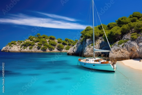 Sailing boat on the turquoise sea in Mallorca, Spain, Beautiful beach with sailing boat yacht, Cala Macarelleta, Menorca island, Spain, AI Generated © Iftikhar alam