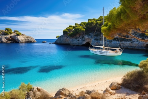 Sailing boat on turquoise water of Calanques bay, Corsica island, France, Beautiful beach with sailing boat yacht, Cala Macarelleta, Menorca island, Spain, AI Generated