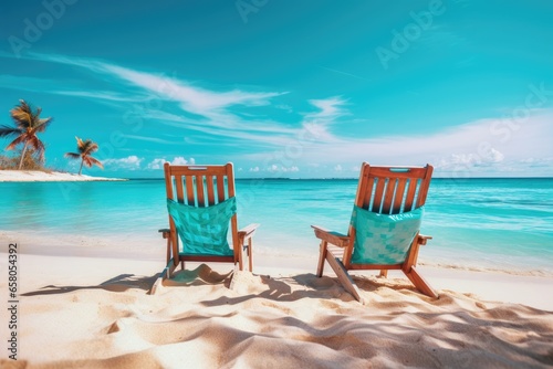 Beach chairs on tropical beach at Maldives. Vacation concept  Beautiful beach. Chairs on the sandy beach near the sea. Summer holiday and vacation concept for tourism  AI Generated