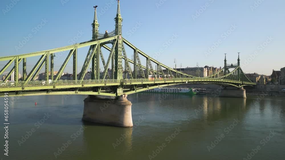 Aerial Boom Shot Reveals Liberty Bridge (Szabadság híd) in Budapest as Train Crosses Bridge Aerial Boom Shot Reveals Liberty Bridge (Szabadság híd) in Budapest as Train Crosses Bridge