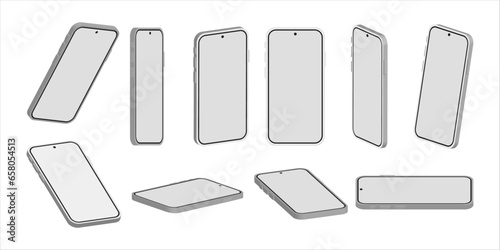 Realistic phone mockup. Smartphone blank screen. White smartphones in different angles view with blank screen, 3d vector illustration mock up for app design presentation.
