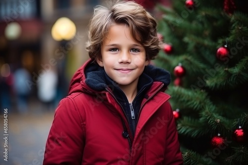 Cute little boy with christmas tree in the city, outdoor portrait © Nerea