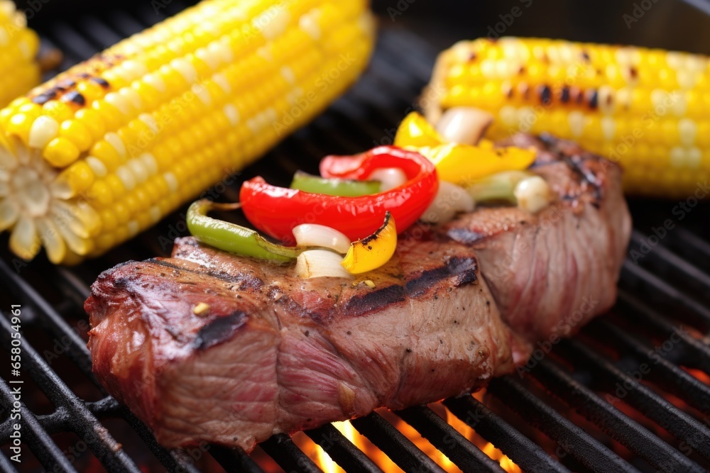steak on grill with corn cobs and bell peppers steak on grill with corn cobs and bell peppers
