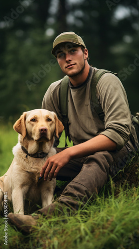 Canine Companionship Amidst Verdant Expanses  A Cynologist and His Trusty Labrador Share a Moment Outdoors photo