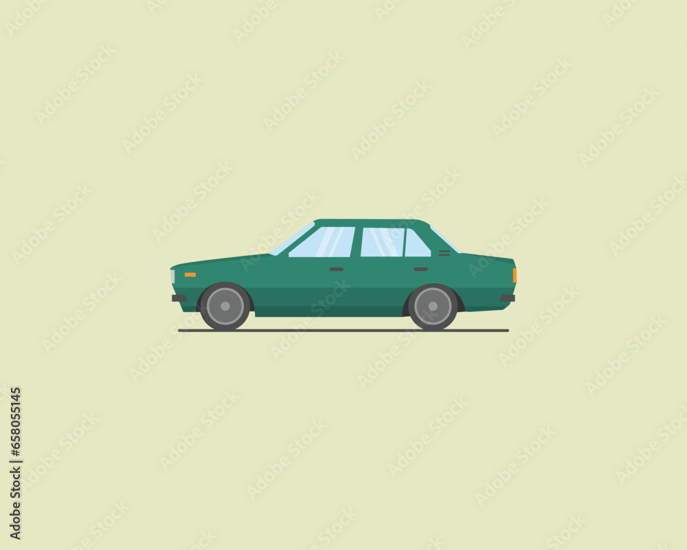 Minimalist illustration of green ke80 car retro classic car flat vector 70s 80s model
