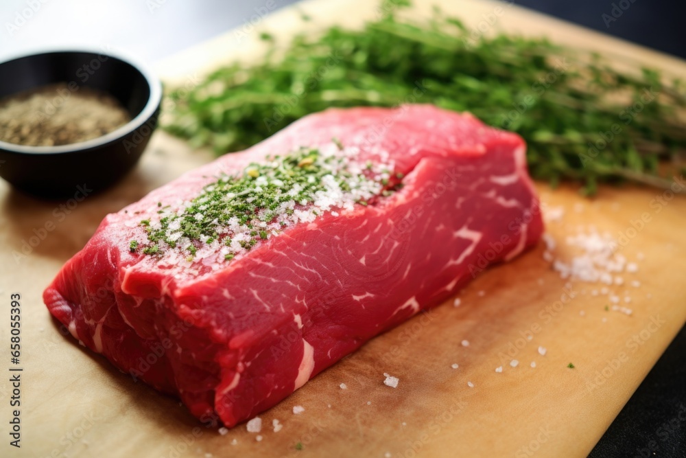 an untouched raw steak next to pile of herb rub an untouched raw steak next to pile of herb rub