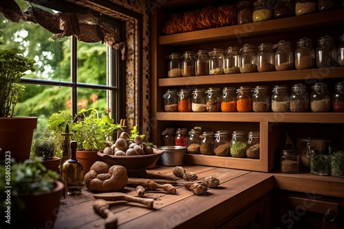 A cozy kitchen with aromatic herbs, flavorful spices, and nutritious grains. Generative AI