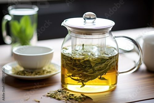glass teapot filled with steeping green tea leaves