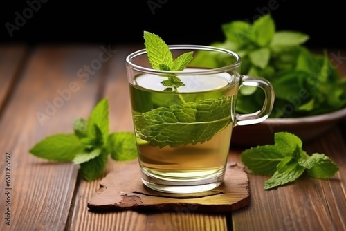 hot cup of peppermint tea with fresh mint leaves on a wooden table