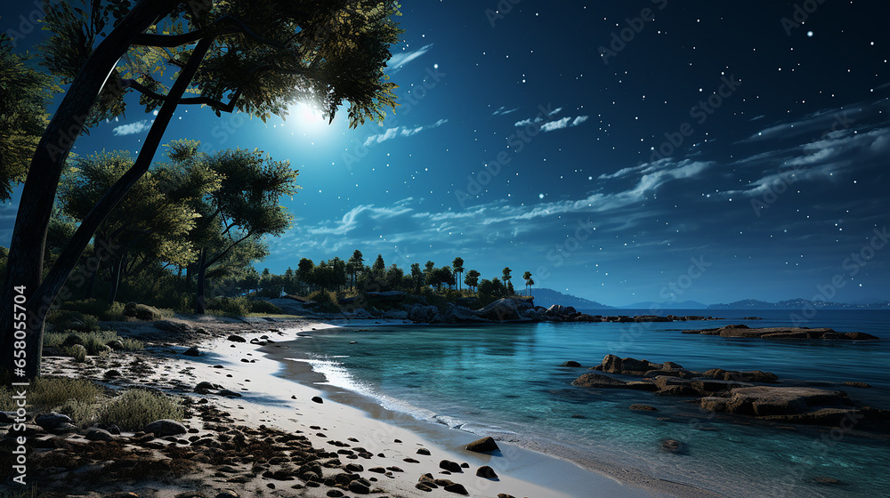 A Tranquil Evening Sighting Over a Beach Bathed in the Gentle Glow of Moonlight