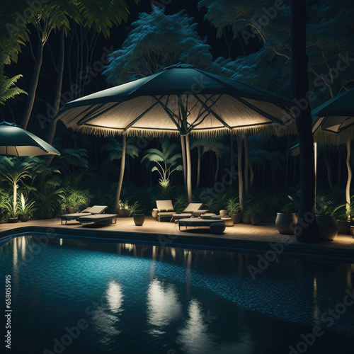 Luxurios Swiming Pool And Loungers, Holiday Vacancion Spa Hotel Resort, Relaxing Concept Background, Generative AI photo