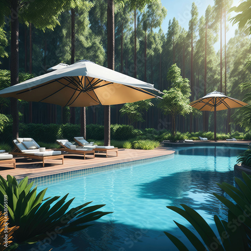 Luxurios Swiming Pool And Loungers, Holiday Vacancion Spa Hotel Resort, Relaxing Concept Background, Generative AI © Phoenix_Renders