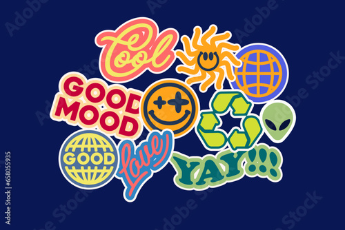 Sticker set Cute vector template decorated with cartoon image and aesthetic quotes graphic design