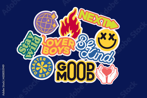 Sticker set Cute vector template decorated with cartoon image and aesthetic quotes graphic design