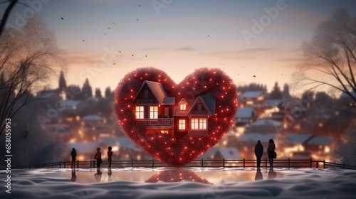 A heart-shaped formation created with a family holding hands, standing against the backdrop of a cozy home.
