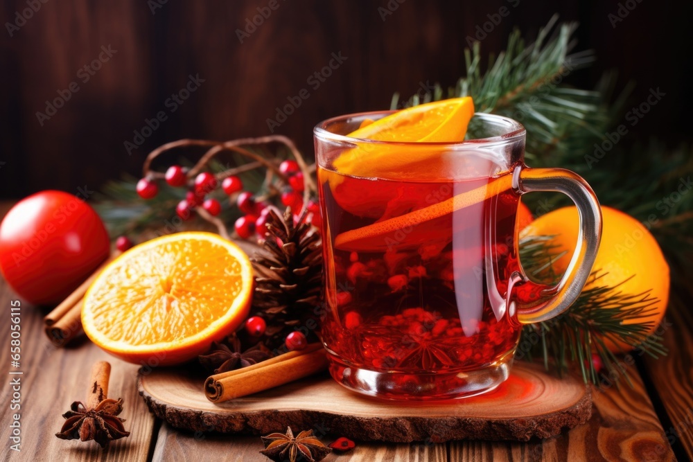 stand-alone shot of mulled cider in a winter-themed mug stand-alone shot of mulled cider in a winter-themed mug