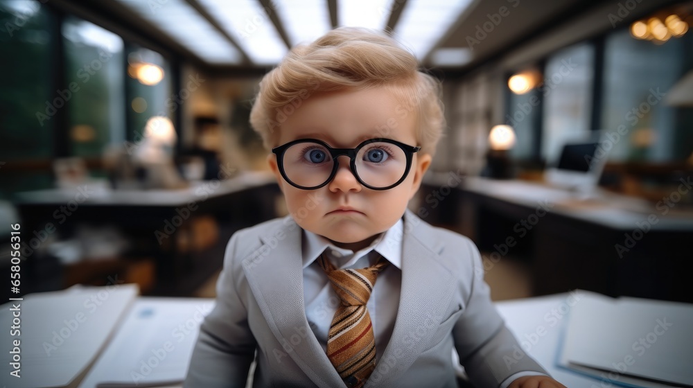 Baby child in costume of an office worker with glasses. Baby child in costume of an office worker with glasses.