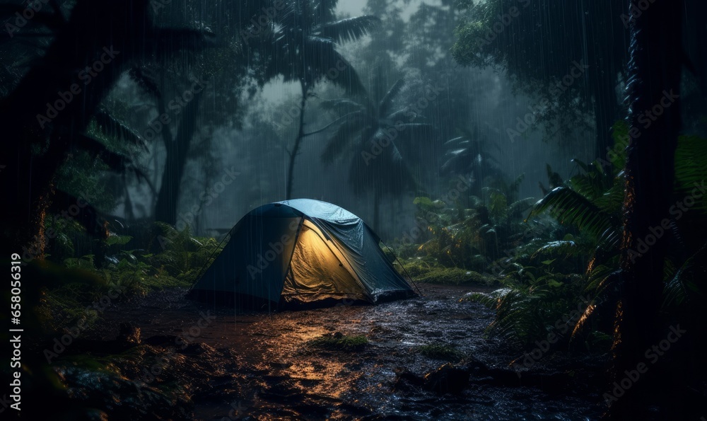 rain on the tent in the forest, tropic, quiet, calm, peaceful, meditation, camping, night, relax, Generative AI - obrazy, fototapety, plakaty 