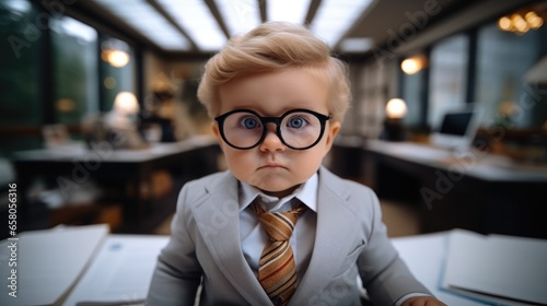 Baby child in costume of an office worker with glasses.