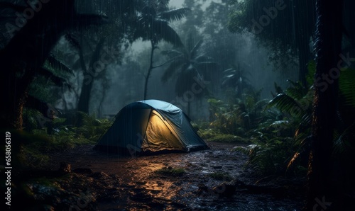 rain on the tent in the forest, tropic, quiet, calm, peaceful, meditation, camping, night, relax, Generative AI