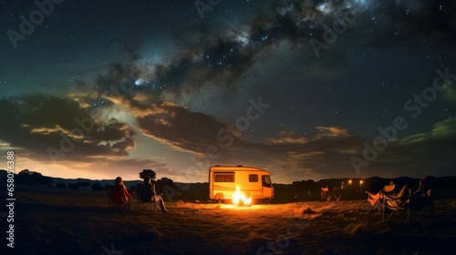 panorama shot of a family sitting at a bonfire under the milky way with a camping truck  Generative AI