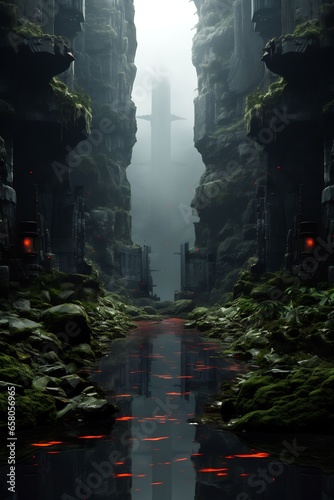 Fantasy scene with narrow passage between rocks and moss.