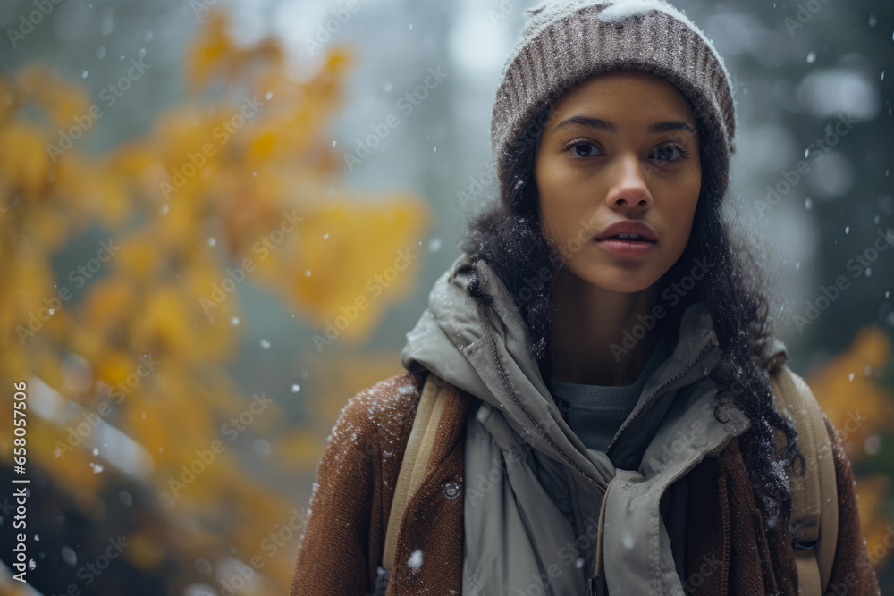 Multiethnic woman enjoying autumn in the woods on a snowy day Multiethnic woman enjoying autumn in the woods on a snowy day