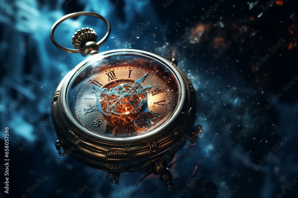A surreal melting pocket watch floating in space. Generative AI