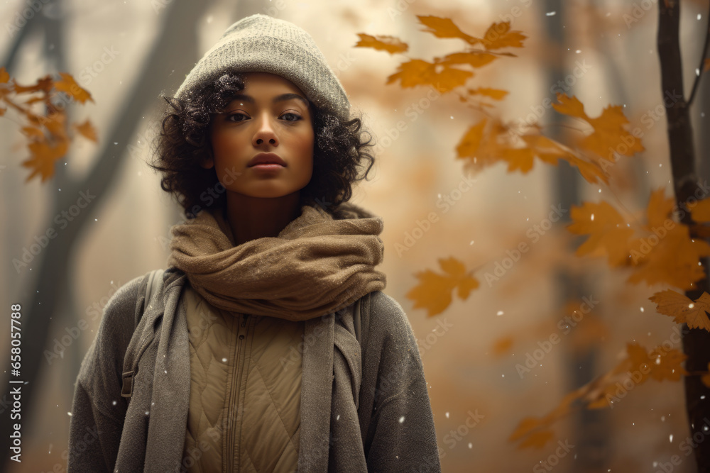 Multiethnic woman enjoying autumn in the woods on a snowy day Multiethnic woman enjoying autumn in the woods on a snowy day