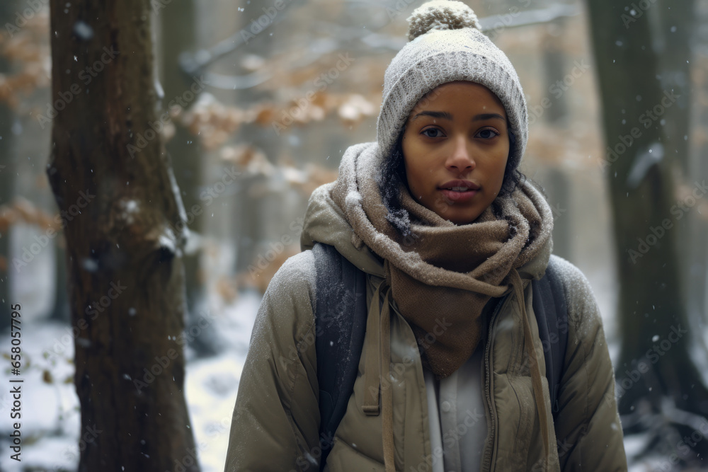 Multiethnic woman enjoying autumn in the woods on a snowy day Multiethnic woman enjoying autumn in the woods on a snowy day