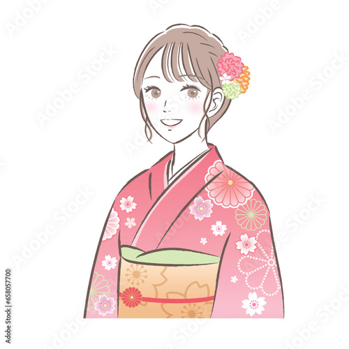 着物・振袖姿で微笑む若い女性のイラスト　成人式/お正月